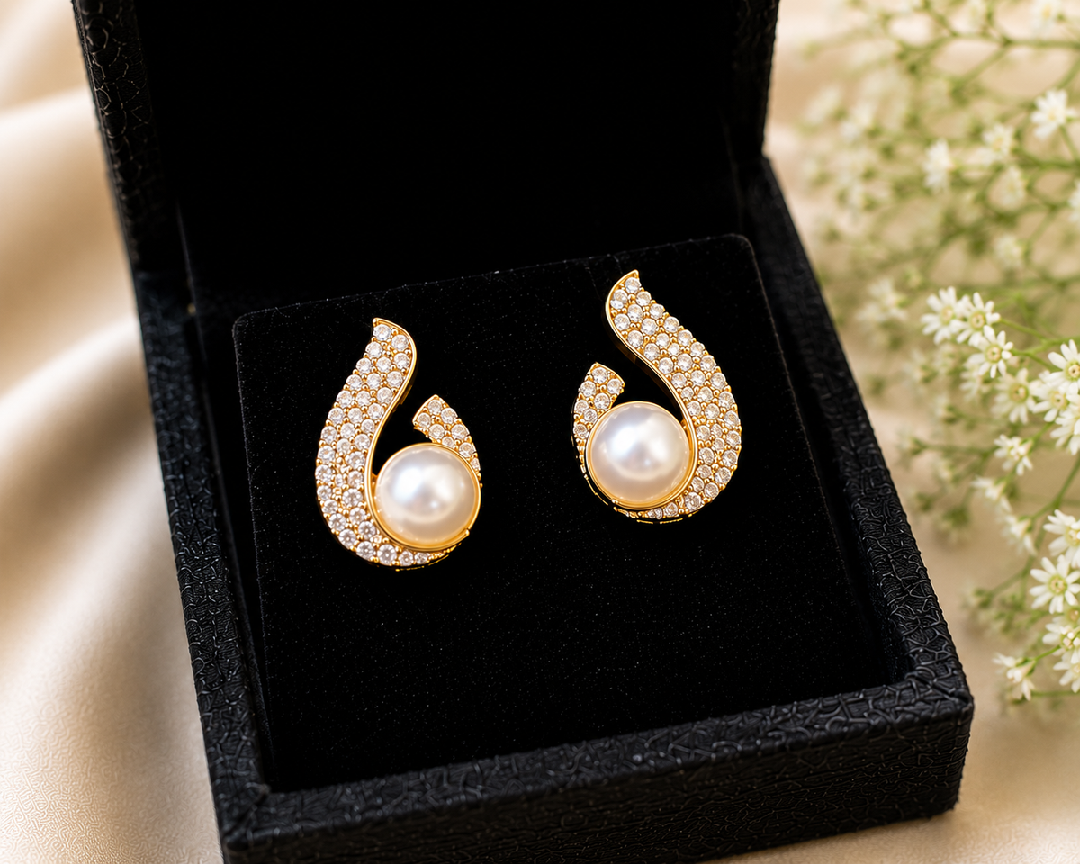Elegant Pearl & Crystal Statement Earrings – Premium Gold Finish