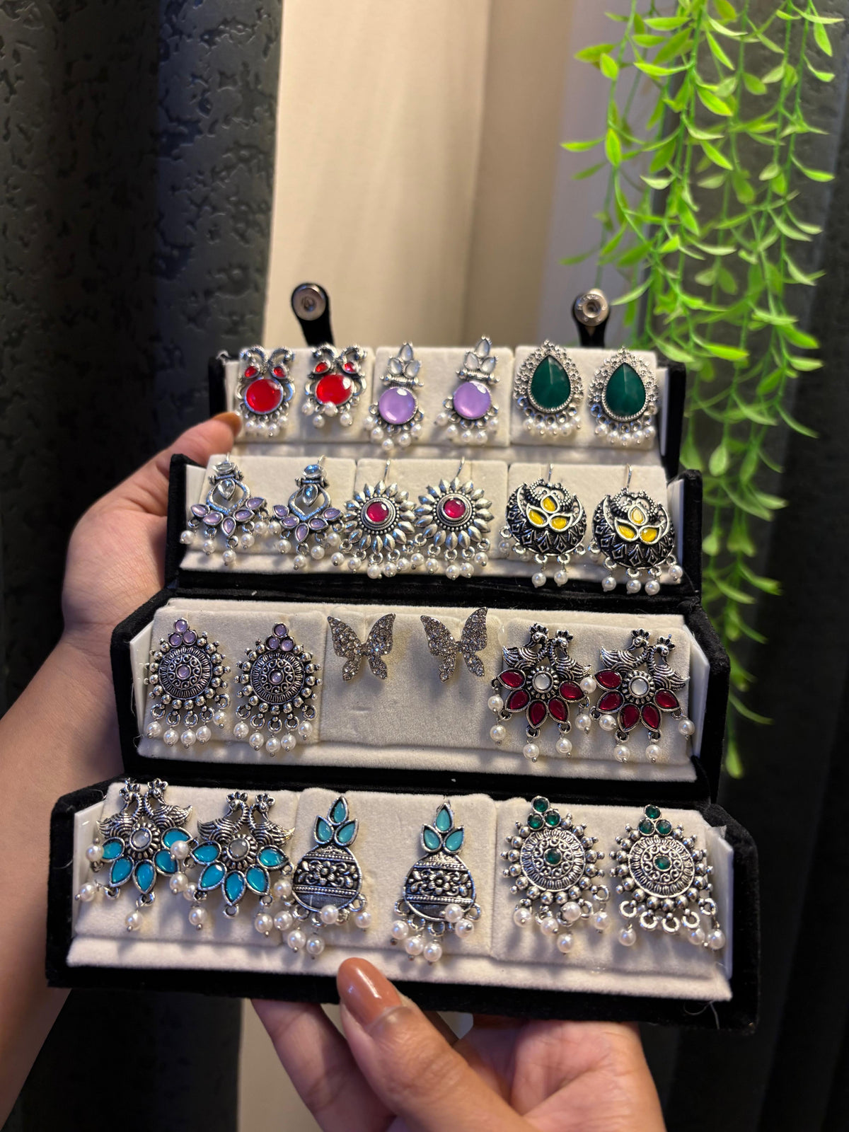 12 Pair Oxidised Earrings Gift Box | Premium Silver Ethnic Jewellery Collection
