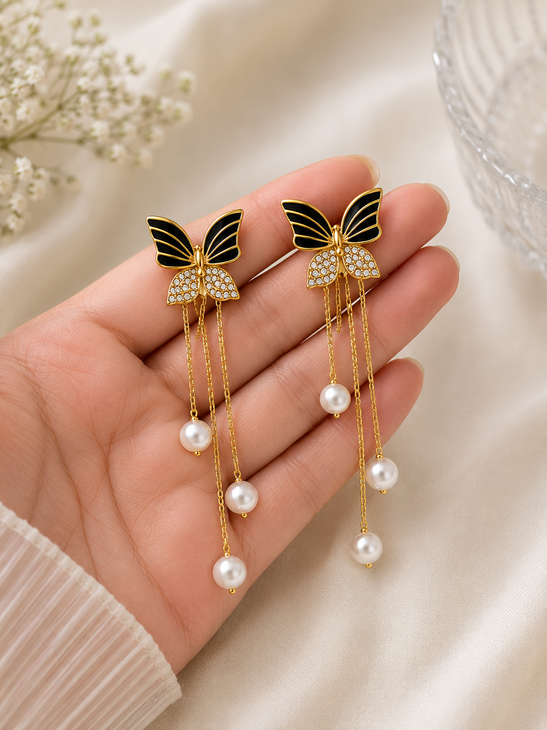 Midnight Butterfly Pearl Dangle Earrings | Black Enamel & Gold Tassel Drop