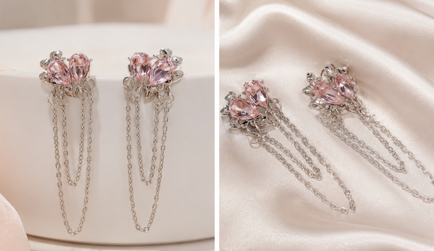 Pink Crystal Heart-Shape Droplet Chain Earrings | Y2K Coquette Jewelry