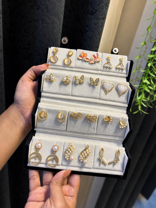 12 Pair Premium Earrings Gift Box | Elegant Gold & Pearl Collection