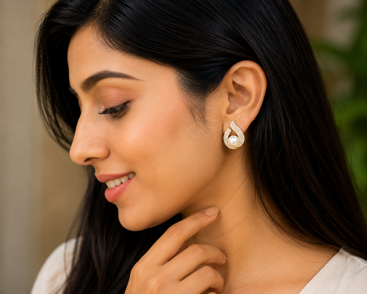 Elegant Pearl & Crystal Statement Earrings – Premium Gold Finish