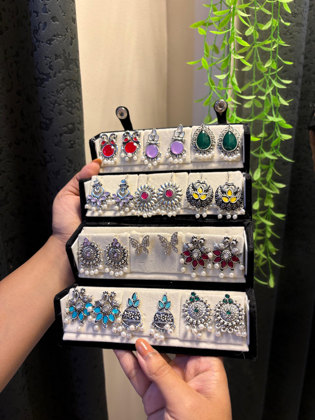 12 Pair Oxidised Earrings Gift Box | Premium Silver Ethnic Jewellery Collection