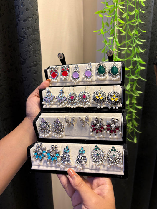 12 Pair Oxidised Earrings Gift Box | Premium Silver Ethnic Jewellery Collection