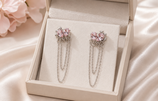 Pink Crystal Heart-Shape Droplet Chain Earrings | Y2K Coquette Jewelry