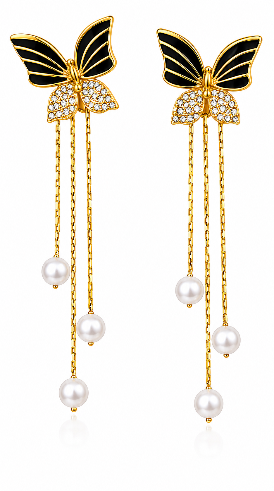 Midnight Butterfly Pearl Dangle Earrings | Black Enamel & Gold Tassel Drop