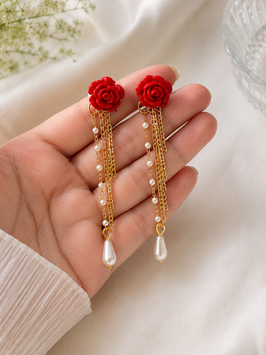 Scarlet Red Rose Pearl Dangle Earrings | Vintage Romantic Gold Chain Drop