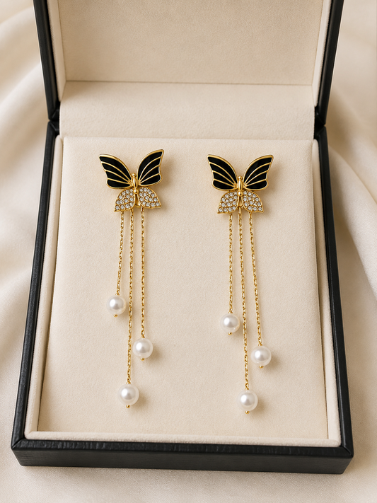 Midnight Butterfly Pearl Dangle Earrings | Black Enamel & Gold Tassel Drop