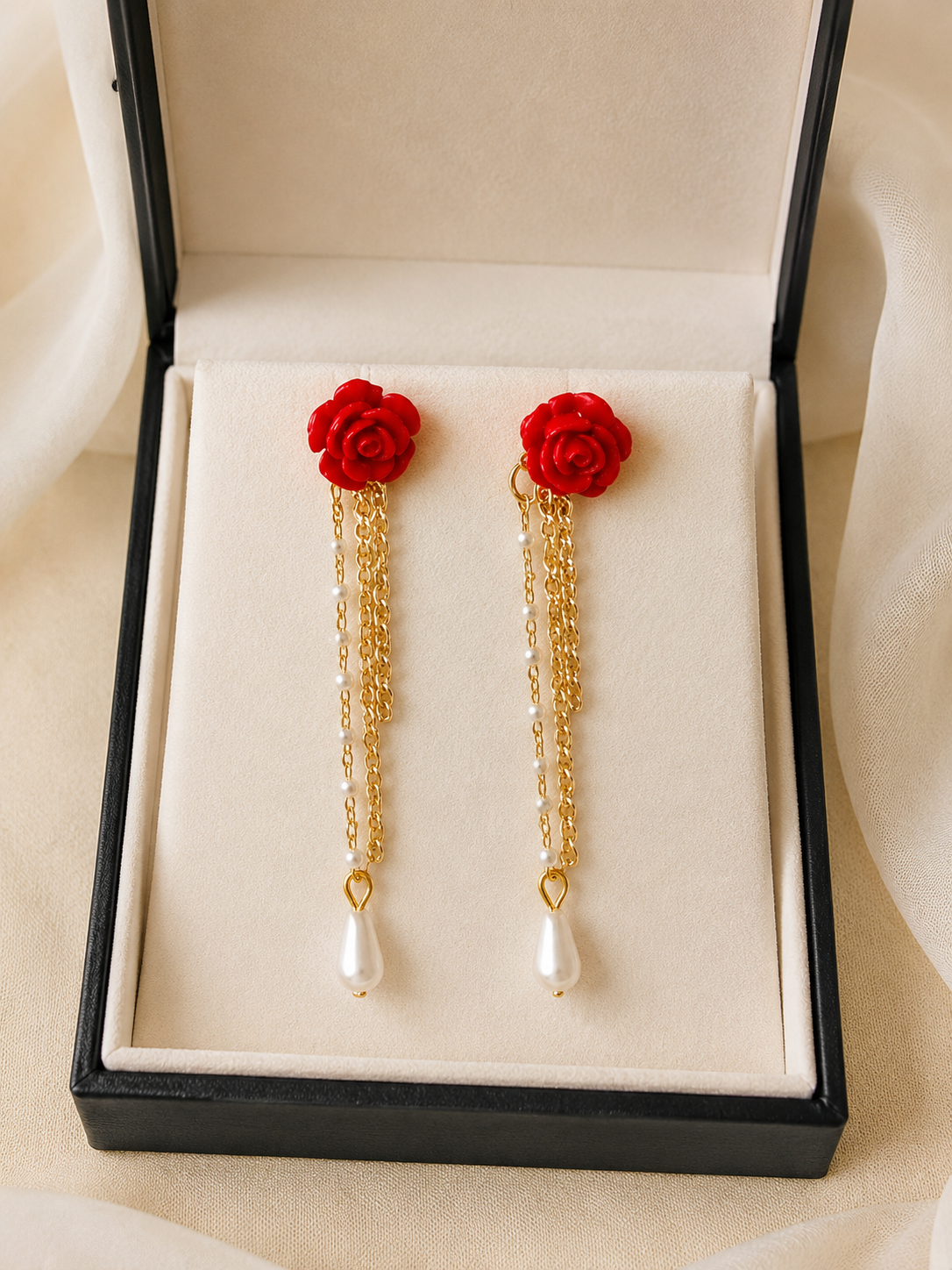 Scarlet Red Rose Pearl Dangle Earrings | Vintage Romantic Gold Chain Drop