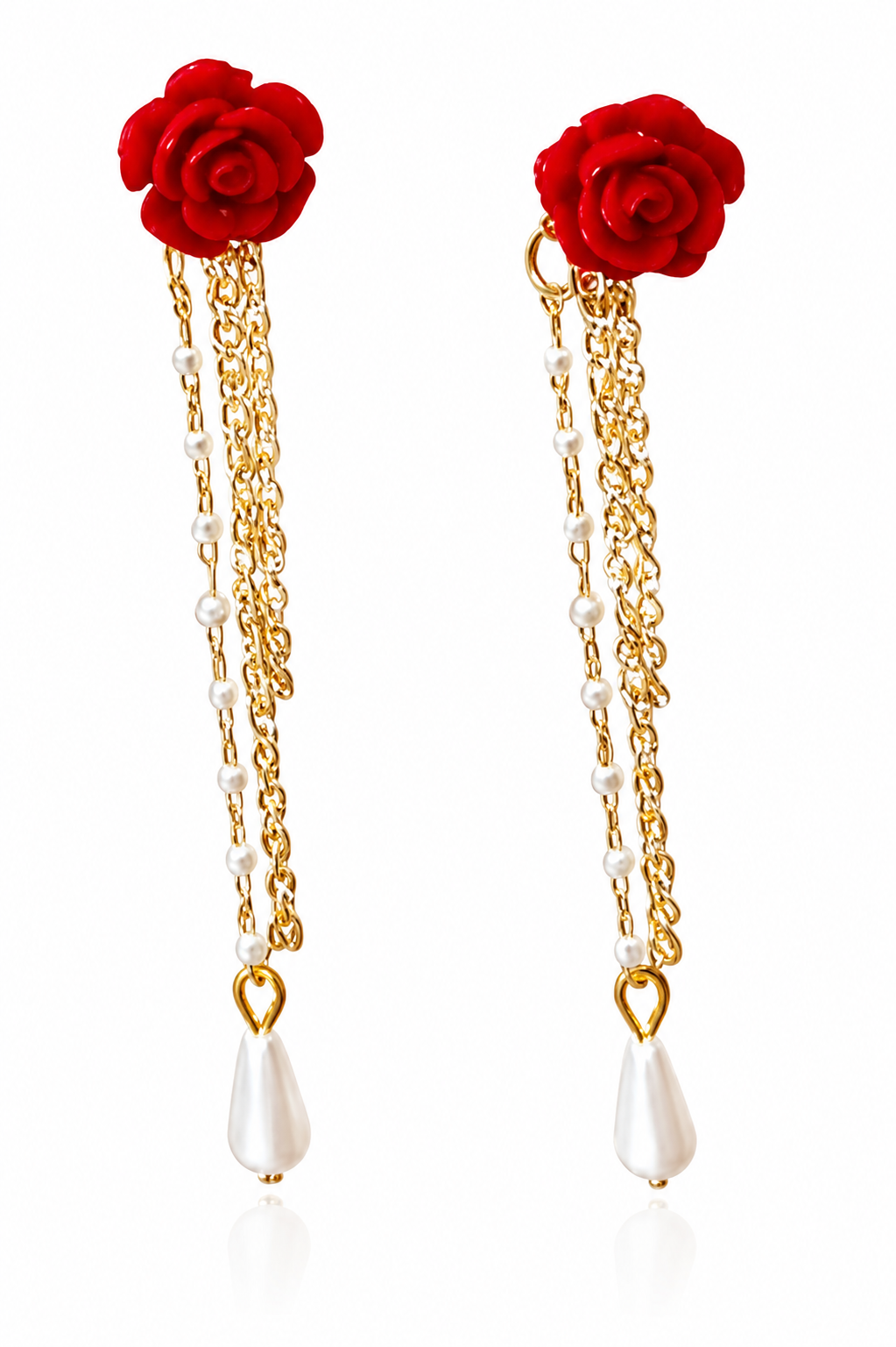 Scarlet Red Rose Pearl Dangle Earrings | Vintage Romantic Gold Chain Drop